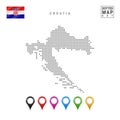 Vector Dotted Map of Croatia. Simple Silhouette of Croatia. National Flag of Croatia. Set of Multicolored Map Markers Royalty Free Stock Photo