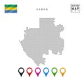 Vector Dotted Map of Gabon. Simple Silhouette of Gabon. The National Flag of Gabon. Set of Multicolored Map Markers