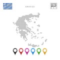 Vector Dotted Map of Greece. Simple Silhouette of Greece. The National Flag of Greece. Set of Multicolored Map Markers Royalty Free Stock Photo