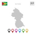 Vector Dotted Map of Guyana. Simple Silhouette of Guyana. The National Flag of Guyana. Set of Multicolored Map Markers Royalty Free Stock Photo