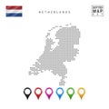 Vector Dotted Map of Netherlands. Simple Silhouette of Netherlands. Flag of Netherlands. Set of Multicolored Map Markers Royalty Free Stock Photo