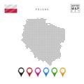 Vector Dotted Map of Poland. Simple Silhouette of Poland. The National Flag of Poland. Set of Multicolored Map Markers