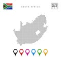 Vector Dotted Map of South Africa. Simple Silhouette of South Africa. National Flag of South Africa. Set of Map Markers