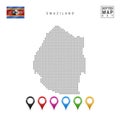 Vector Dotted Map of Swaziland. Simple Silhouette of Swaziland. National Flag of Swaziland. Multicolored Map Markers Set