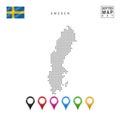 Vector Dotted Map of Sweden. Simple Silhouette of Sweden. The National Flag of Sweden. Set of Multicolored Map Markers Royalty Free Stock Photo