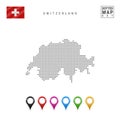 Vector Dotted Map of Switzerland. Simple Silhouette of Switzerland. Flag of Switzerland. Set of Multicolored Map Markers Royalty Free Stock Photo