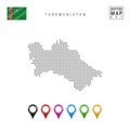 Vector Dotted Map of Turkmenistan. Simple Silhouette of Turkmenistan. Flag of Turkmenistan. Multicolored Map Markers Set