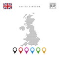 Vector Dotted Map of United Kingdom. Simple Silhouette of the UK. National Flag of the UK. Multicolored Map Markers Set Royalty Free Stock Photo