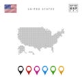 Vector Dotted Map of the USA. Simple Silhouette of the USA. National Flag of the USA. Set of Multicolored Map Markers