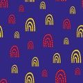 Vector dotted rainbow childish seamless pattern background. Cobalt blue, red, yellow backdrop with hand drawn rainbows