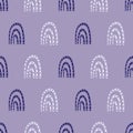 Vector dotted rainbow childish seamless pattern background. Periwinkle purple backdrop with hand drawn rainbows and dots Royalty Free Stock Photo