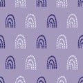 Vector dotted rainbow childish seamless pattern background. Periwinkle purple backdrop with hand drawn rainbows and dots