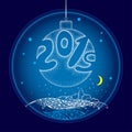 Vector dotwork hanging white Christmas ball with numbers 2019 on the background with night landscape in blue. Winter decor.