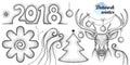 Vector dotwork set with number 2018, holiday Christmas tree, snowflake, swirls and deer head in black isolated on white background Royalty Free Stock Photo