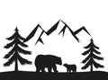 Vector Double exposure, bear for your design, wildlife concept. Silhouette of bear standing on grass hill. Mountains and forest in Royalty Free Stock Photo