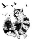 Vector Double exposure, Hand drawn Ring-tailed lemur