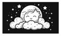 Vector Draw, Cute moon with stars around , Lineart Illustration