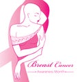 Vector drawing bald woman after chemotherapy with pink ribbon isolated on white background. Breast Cancer Awareness Month symbol.