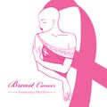 Vector drawing bald woman after chemotherapy with pink ribbon isolated on white background. Breast Cancer Awareness Month symbol.