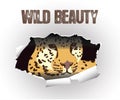 Vector drawing of a beautiful wild leopard. Beast on torn paper background