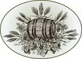 Vector drawing of beer barrel on hops branches and ears of cereals Royalty Free Stock Photo