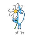 Vector drawing with blue happy bird and chamomile. Can be used for valentine`s day greetings, love messages, or sorry