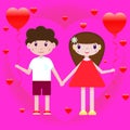 Vector drawing of a boy and girl with heart-shaped balloons on a romantic pink-purple background