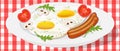 Vector drawing. Breakfast concept, fried egg with sausage, arugula and vegetables.