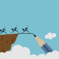 Vector drawing a bridge and conquering adversity business concept as a group of people running from one cliff to another with the Royalty Free Stock Photo