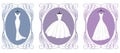 Vector drawing of collection elegant white wedding dresses in vintage ornate frames