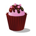 Vector drawing colorful cupcake of a decorated with decor, cream and chocolate, on white background