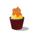 Vector drawing colorful cupcake of a decorated with decor, cream and chocolate, on white background