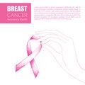 Vector drawing with contour woman hand and sketch pink ribbon isolated on white background. Breast Cancer Awareness Month symbol. Royalty Free Stock Photo
