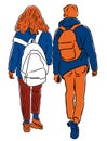 Vector drawing of couple teenagers walking along street Royalty Free Stock Photo