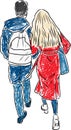 Vector drawing of couple young townspeople walking along street Royalty Free Stock Photo