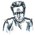 Vector drawing of crying depressed man feeling sorry about something. Black and white portrait of distressed guy. Royalty Free Stock Photo