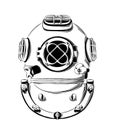 Vector drawing of diving helmet in black color, isolated on white background. Graphic illustration, hand drawing