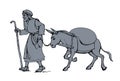 Vector drawing. Donkey loaded with cargo