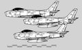 North American F-86 Sabre. Vector drawing of early jet fighter. Side view.