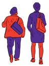 Vector drawing of elderly woman with her adult daughter walking outdoors together