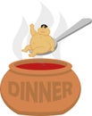 Vector drawing of a fat asian on a spoon over a cauldron