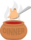 Vector drawing of a fat white man on a spoon over a cauldron