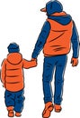 Vector drawing of father with his kid walking down street Royalty Free Stock Photo