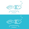 Vector drawing fish on blue and white background, logo