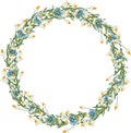 Vector drawing of floral wreath from drawn wild blue cornflowers and white camomiles