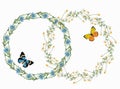 Vector drawing of floral wreathes from drawn blue cornflowers and white camomiles and flying butterflies