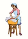 Vector drawing. Girl washing clothes in a basin Royalty Free Stock Photo