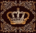 Vector drawing of golden ancient royal crown in ornate frame Royalty Free Stock Photo