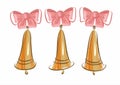 Set of gold metal bells with pink bows. Symbol of Christmas Royalty Free Stock Photo