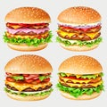 3d render fastfood burger with cheese vector icon, isolated on background. Cartoon vector illustration. Burger Icon Set. Vector Royalty Free Stock Photo